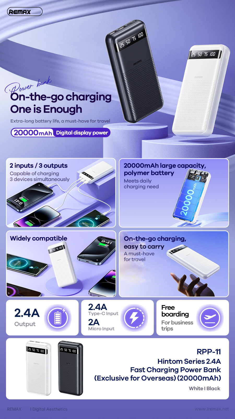Pin sạc dự phòng REMAX RPP-11 20.000mAh 2.4A có màn hình led hiển thị chính hãng [BH: 1 NĂM]