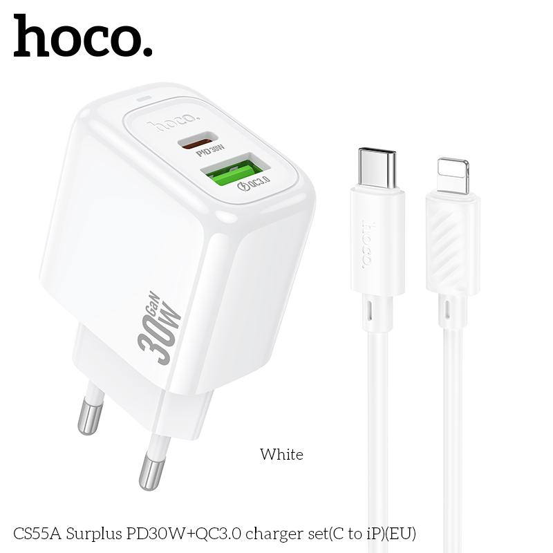Bộ sạc nhanh 30W HOCO CS55A (Cóc 1 cổng USB QC 3.0 + 1 cổng Type C PD30W, Cáp Type C ra iPhone Lighting) (EU) báo đèn LED chính hãng [BH 1 năm]