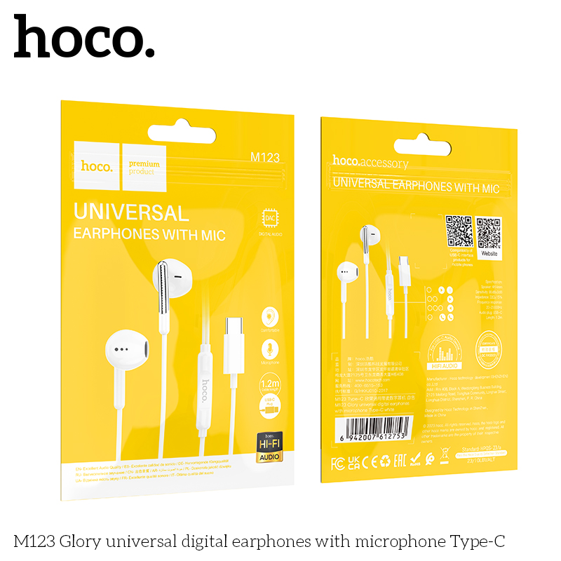 Tai nghe có dây type-c HOCO M123 chui Type C có Mic chính hãng [BH 1 năm]