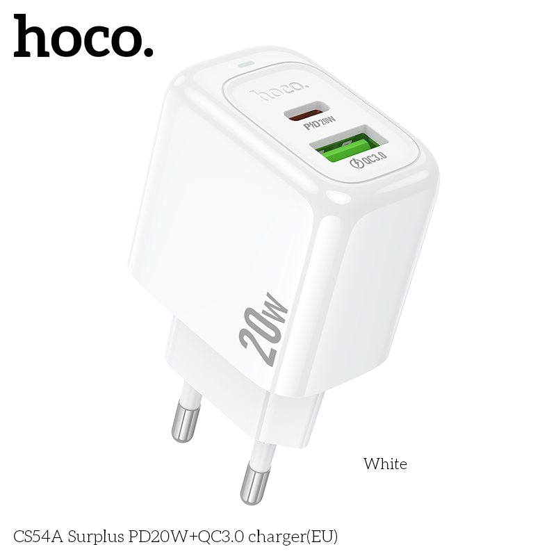 Cóc sạc nhanh 20W HOCO CS54A chân tròn (EU) (1 cổng Type C PD20W + 1 cổng USB QC3.0) chính hãng [BH 1 Năm]