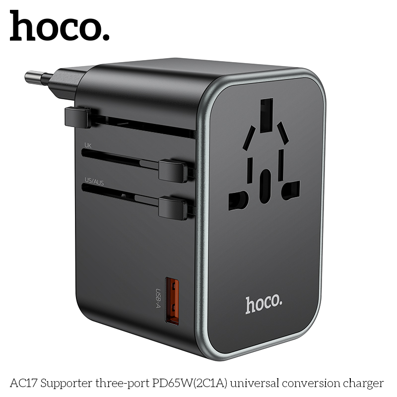 Cóc sạc chuyển đổi đa năng HOCO AC17 PD65W 1 cổng USB + 2 cổng Type C (du lịch) chính hãng [BH 1 NĂM]