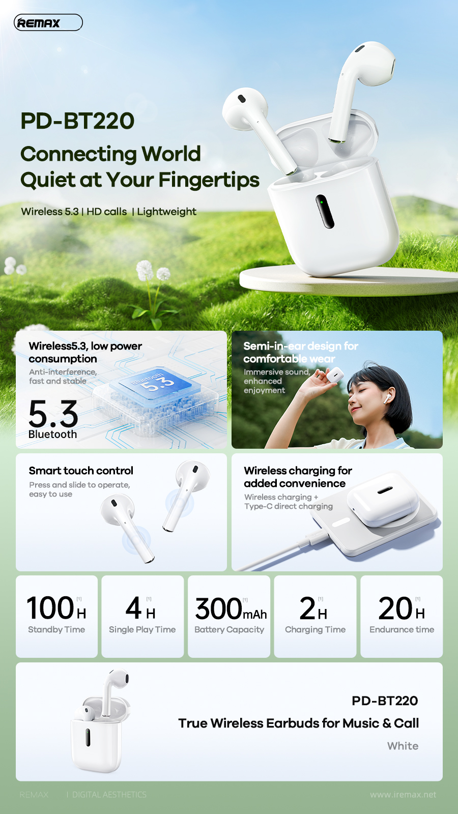 Tai nghe Bluetooth Remax PD-BT220 True Wireless kiểu airpods 2 siêu đẹp [BH 1 Năm]
