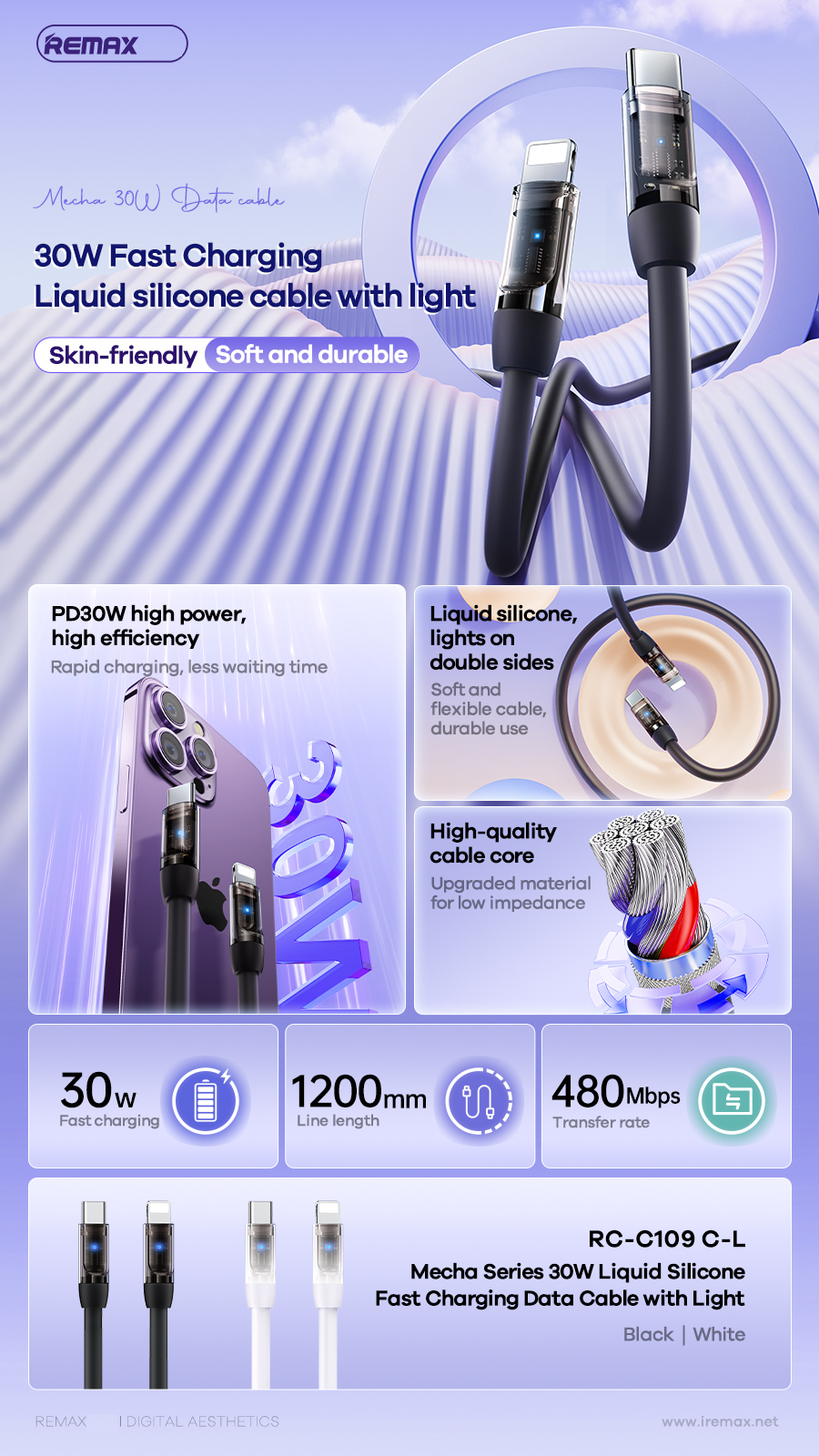 Cáp sạc nhanh 30W Remax RC-C109 C-L Type C ra Lighning 1M2 chính hãng [BH 1 năm]