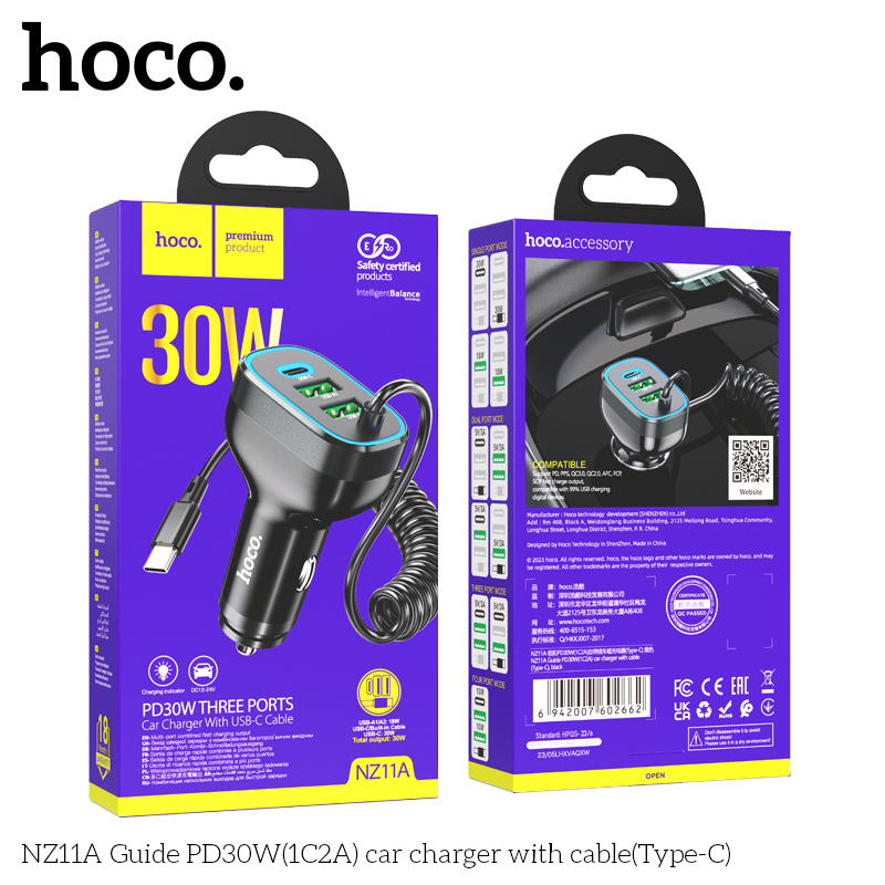 Sạc xe HOCO NZ11A cáp Type-C 2U1C 30W chính hãng [BH 1 NĂM]