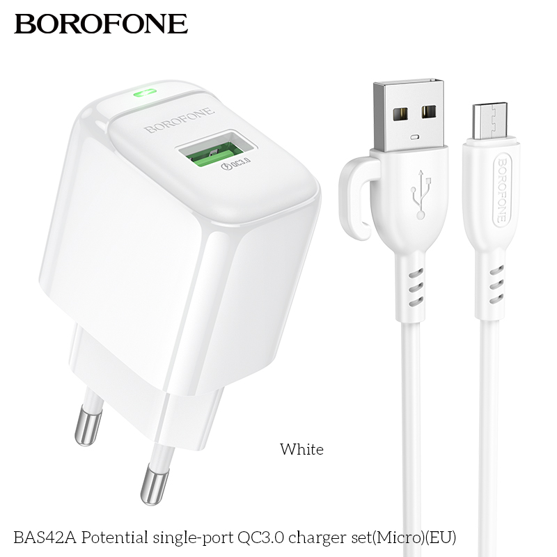 Bộ sạc 18W BOROFONE BAS42A (cóc 1 cổng USB, cáp USB ra Micro) (EU) có báo đèn LED chính hãng [BH 1 năm]