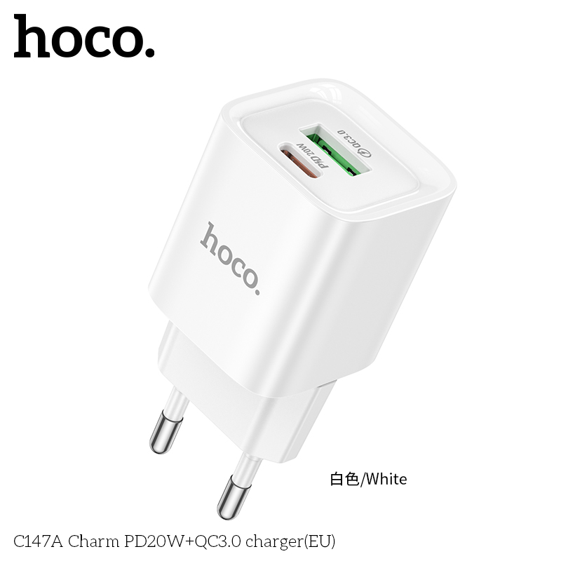 Cóc sạc nhanh 20w HOCO C147A (EU) (1 cổng USB QC3.0 + 1 cổng Type C PD) chính hãng [BH 1 năm]