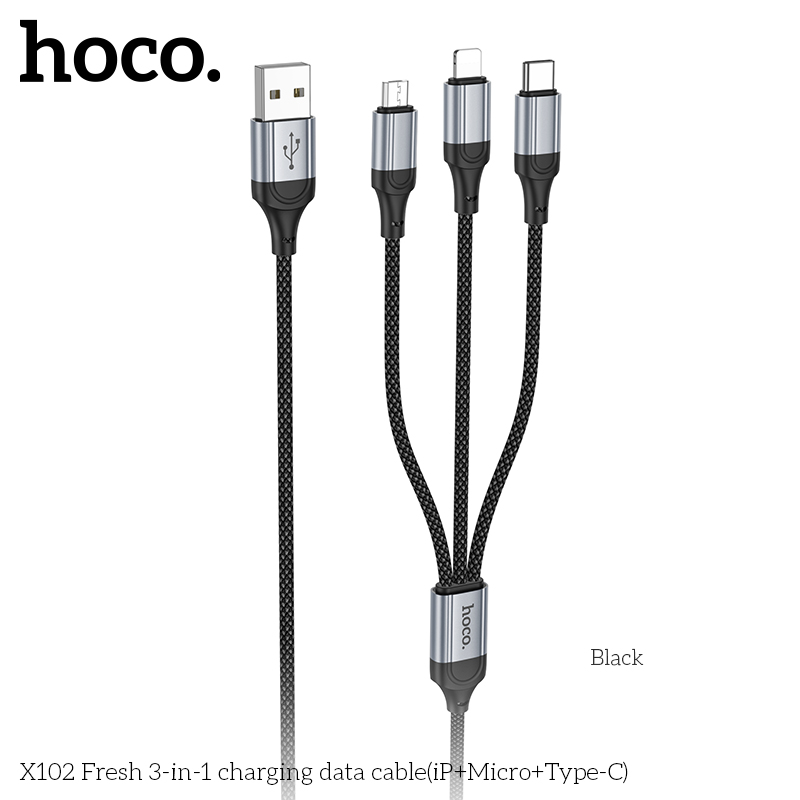 CÁP DỮ LIỆU SẠC 3 TRONG 1 HOCO X102 (IP+MICRO+TYPE-C) / pktn sale