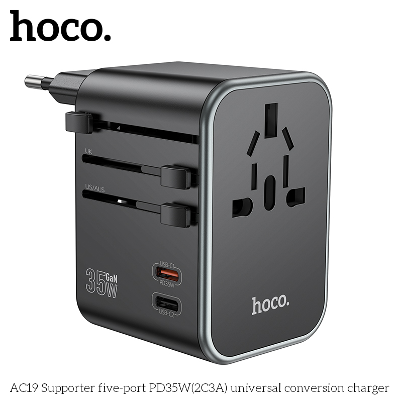 Cóc sạc chuyển đổi đa năng HOCO AC19 PD35W 3 cổng USB + 2 cổng Type C (du lịch) chính hãng [BH 1 NĂM]