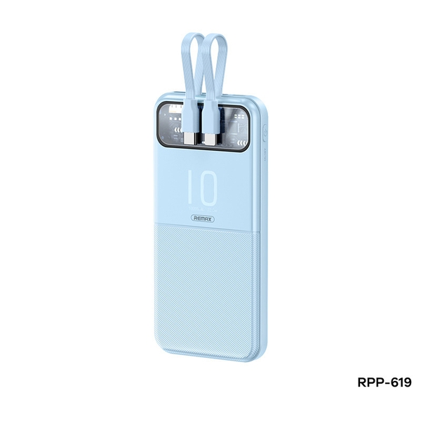 Pin sạc nhanh 22.5w Remax RPP-619 10.000mAh dự phòng PD QC3.0 chính hãng, kèm cáp liền pin, trong suốt lộ mạch [BH 1 năm]