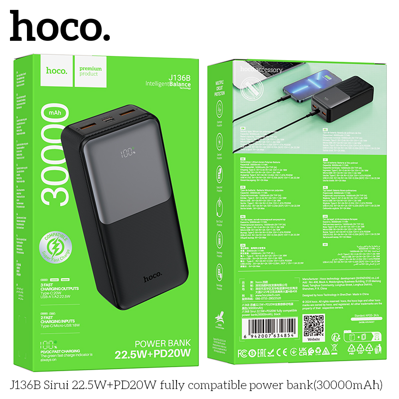Pin sạc nhanh 22.5w HOCO J136B 30.000mAh dự phòng màn hình LED chính hãng [BH 1 Năm]
