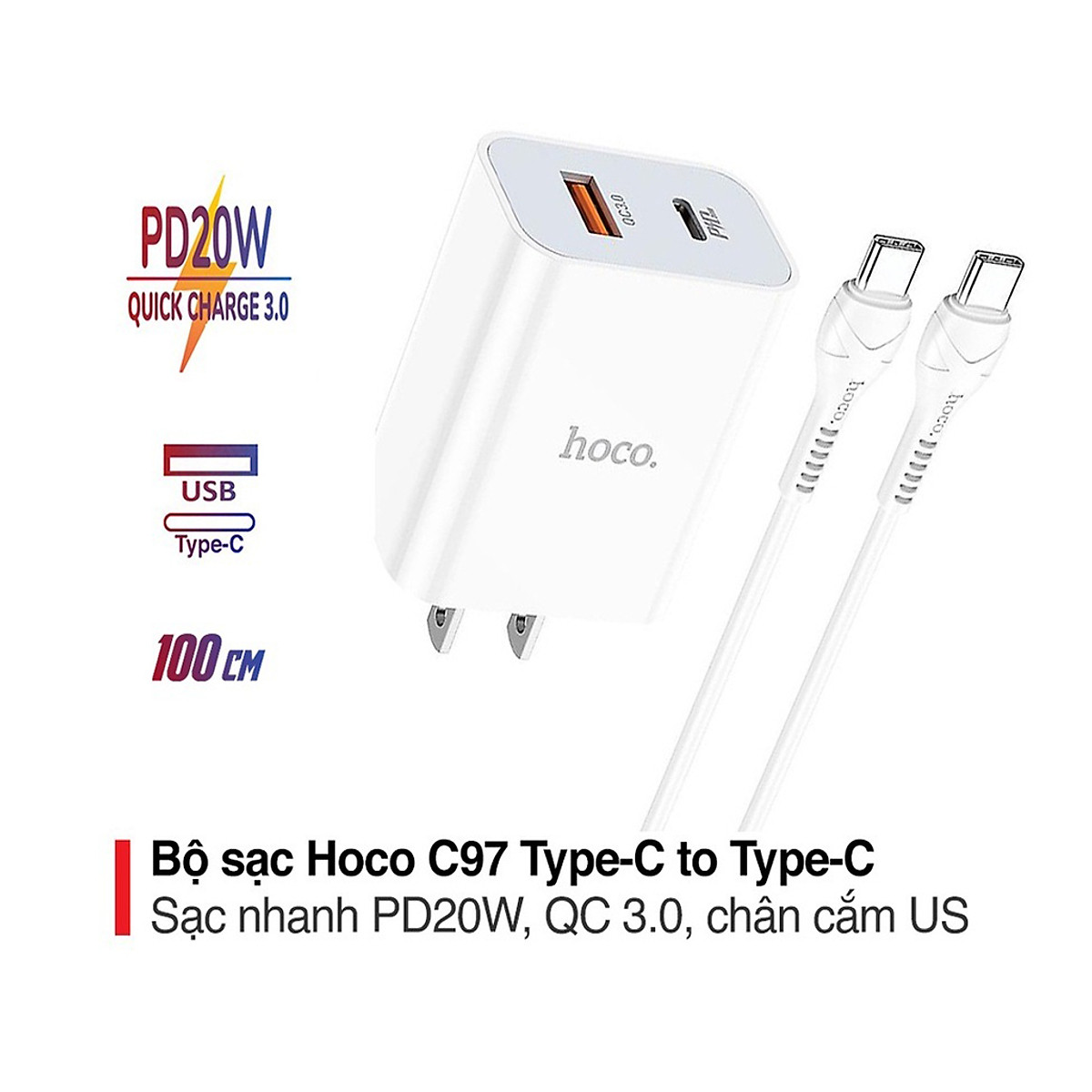 Bộ sạc nhanh 20w HOCO C97 (c-c) (2 cổng PD QC3.0) kèm cáp Type C ra Type C chính hãng [BH 1 năm]
