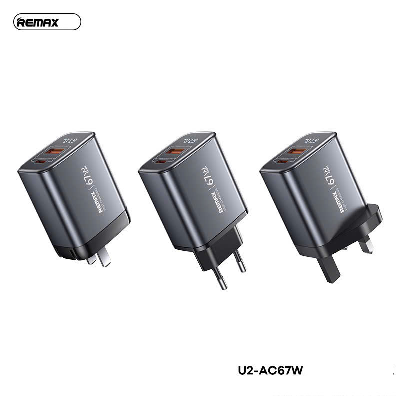 Cóc sạc nhanh 67W REMAX U2-AC67W CN 2 cổng (1 cổng Type PD 67W + 1 cổng USB QC3.0 30W) màn hình kỹ thuật số chính hãng [BH: 1 năm]