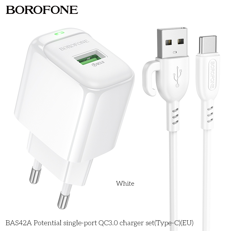 Bộ sạc 18W BOROFONE BAS42A (cóc 1 cổng USB, cáp USB ra Type C) (EU) có báo đèn LED chính hãng [BH 1 năm]