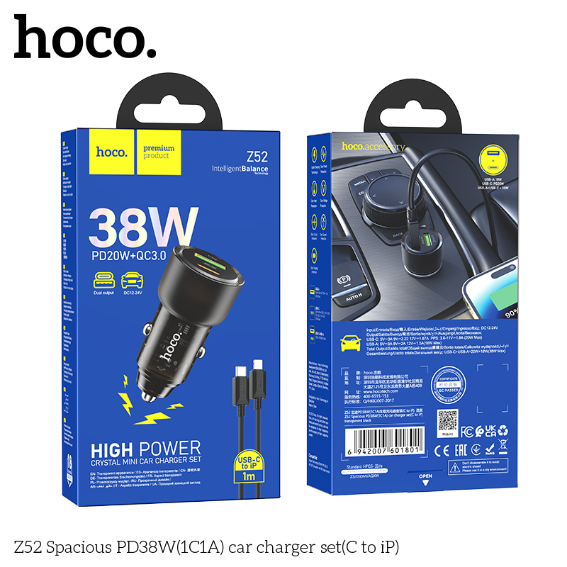 Bộ sạc nhanh cho xe hơi 38W HOCO Z52 cáp Type C to iPhone (1 cổng Type C PD + 1 cổng USB) chính hãng [BH 1 NĂM]