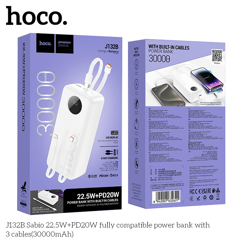 Pin sạc nhanh 22.5w HOCO J132B 30.000mAh dự phòng kèm 3 cáp liền pin có led chính hãng [BH 1 Năm]