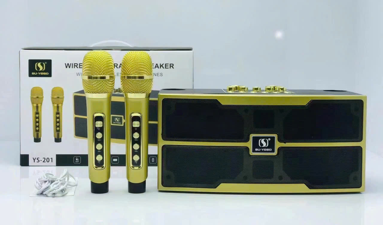 Loa bluetooth karaoke YOSD YS-201 mẫu loa dài để bàn kèm 2 micro không dây siêu hay
