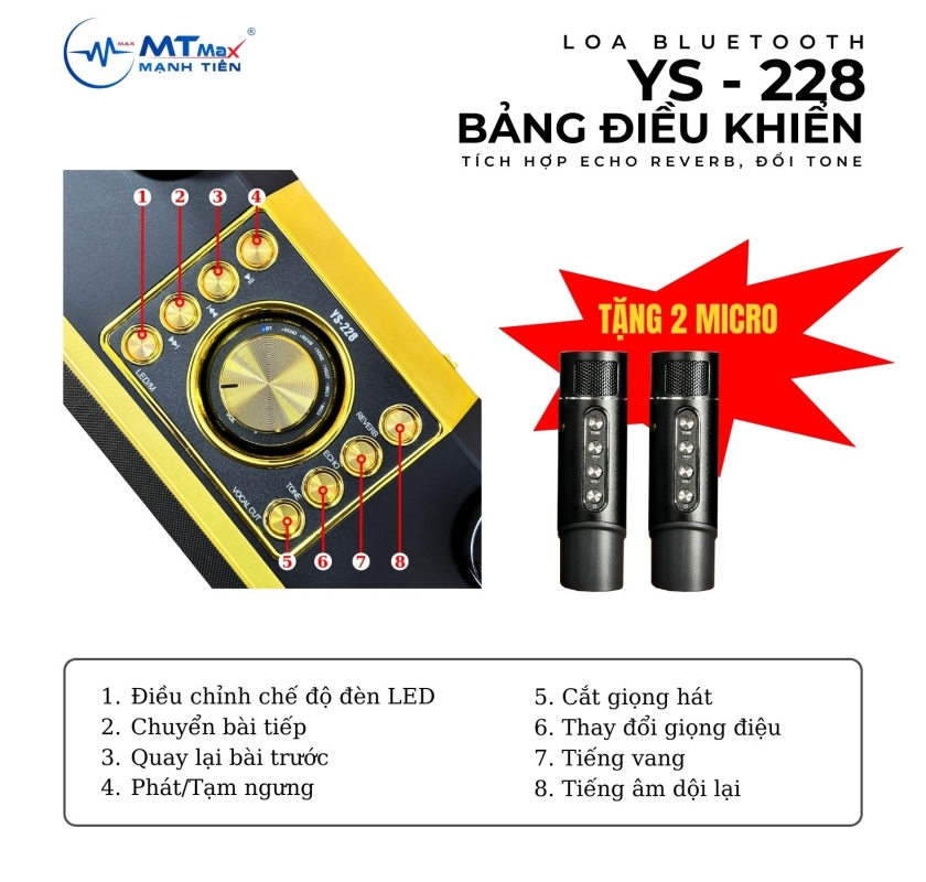 Loa bluetooth karaoke YOSD YS-228 HIFI DJ kèm 2 micro không dây có đèn led RGB siêu đẹp cực hay xách tay chính hãng, công suất 20W[BH 6 tháng]
