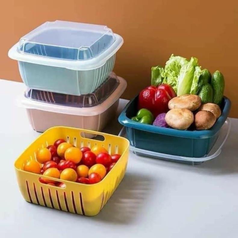 Thau rổ nhựa có nắp đậy đựng rau, trái cây, đựng đồ tủ lạnh tiện lợi