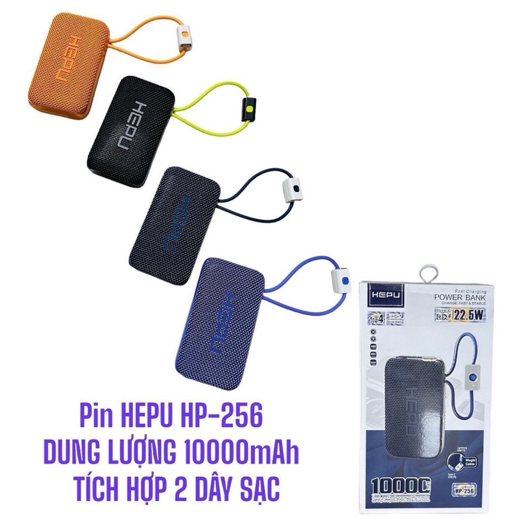 Sạc dự phòng nhanh 22.5W Hepu HP256 dung lượng 10.000mAh tích hợp 2 dây sạc [BH: 6 Tháng]