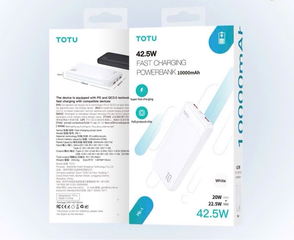 Pin sạc nhanh 42.5W Totu PB1 10.000mAh chính hãng [BH: 1 NĂM] 4l5d12