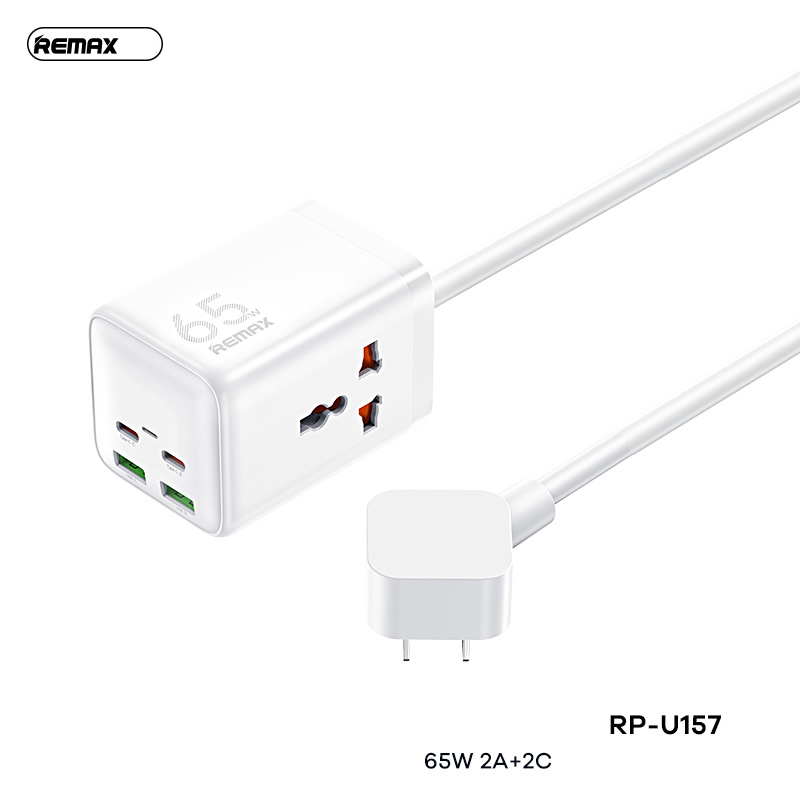Ổ cắm điện sạc nhanh 65W REMAX RP-U157 EU (2 cổng USB + 2 cổng Type C + 2 lỗ cắm 2500w) dây dài 1.5m chính hãng [BH 1 năm]