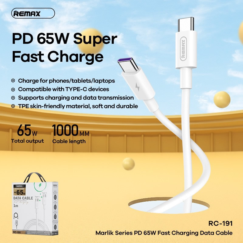 Cáp sạc nhanh 65W Remax RC-191 2 đầu Type C ra Type C chính hãng [BH 1 năm]
