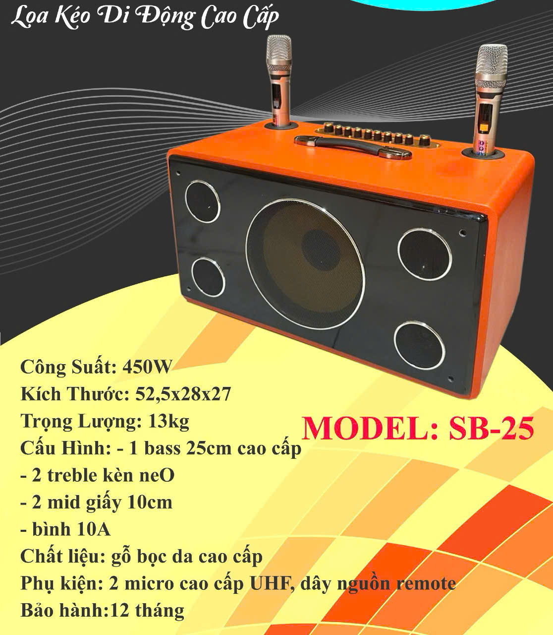 Loa bluetooth Karaoke xách tay SoundBox SB-25 gỗ bọc giả da siêu đẹp kèm 2 mic UHF chống hú