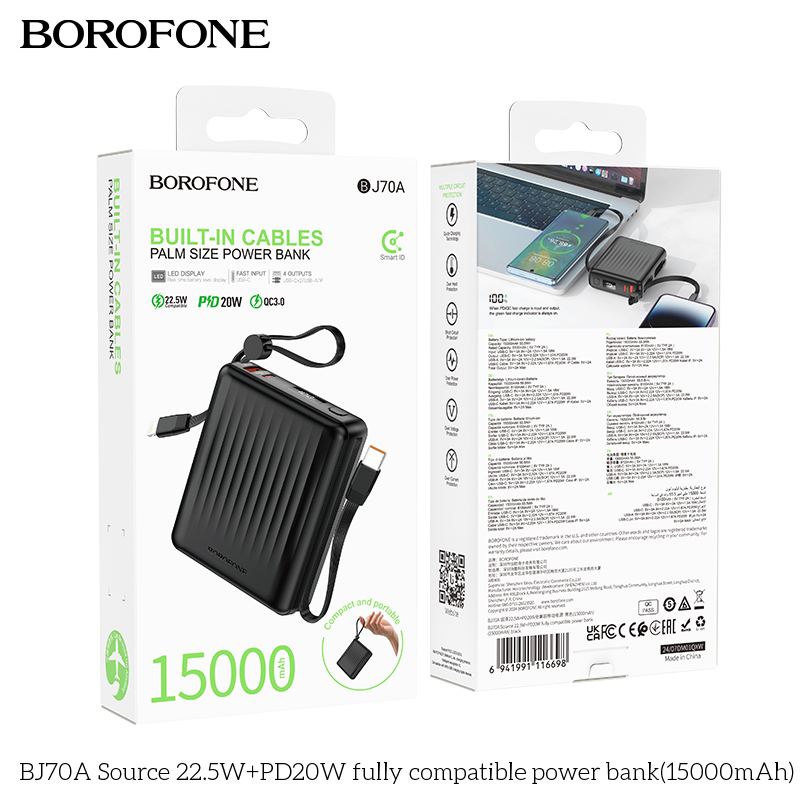 Pin sạc nhanh 22.5w+PD20W BOROFONE BJ70A 15.000mAh sạc dự phòng kèm cáp liền pin chui Type C + chui iPhone có màn hình LED chính hãng [BH 1 năm]