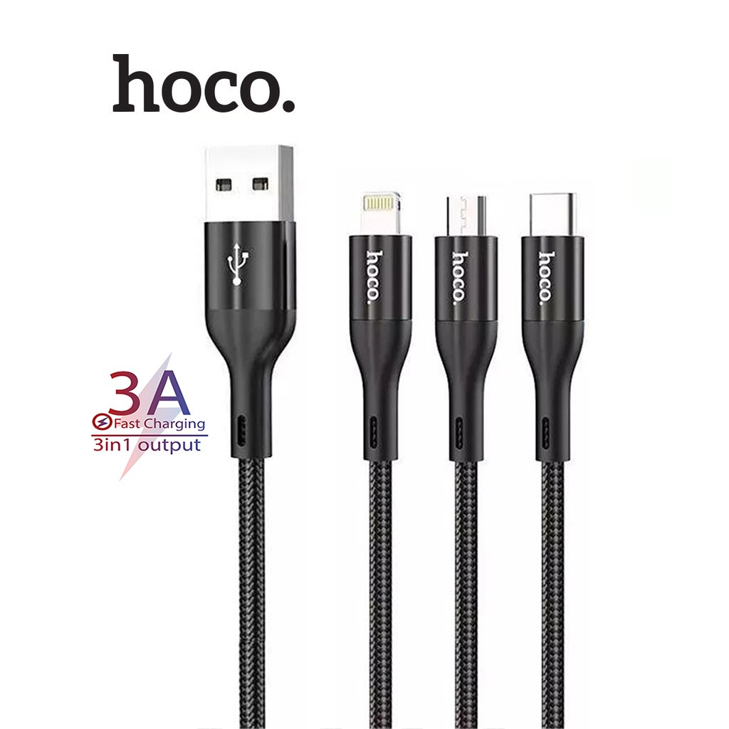 Cáp sạc nhanh 3A 3 đầu HOCO X2 Max 3in1 1m đa năng (usb ra micro, iphone lightning, type-c) chính hãng [BH 1 năm]