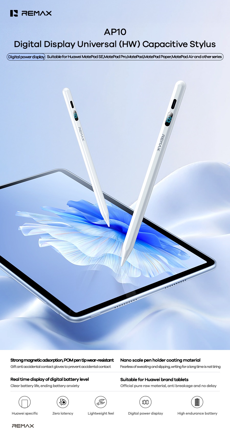 Bút cảm ứng đa năng REMAX AP10 bút có màn hình LCD hiển thị % pin siêu tiện lợi