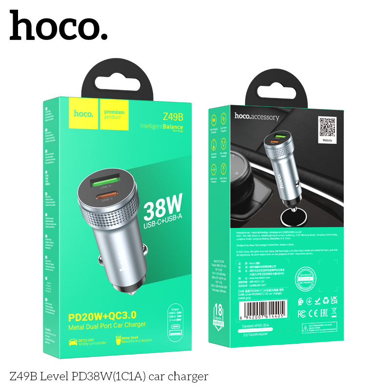 Cóc sạc nhanh 38W xe hơi HOCO Z49B (1 cổng Usb QC3.0 và 1 cổng Type C PD20W) chính hãng [BH 1 năm]