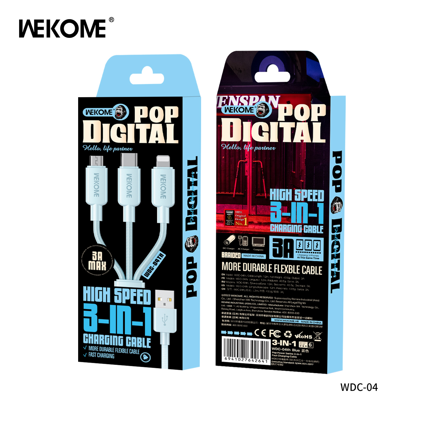 Cáp sạc Wekome WDC-04th 3 đầu đa năng (usb ra ip +micro +type c) dài 1M2 chính hãng [BH: 6 tháng]