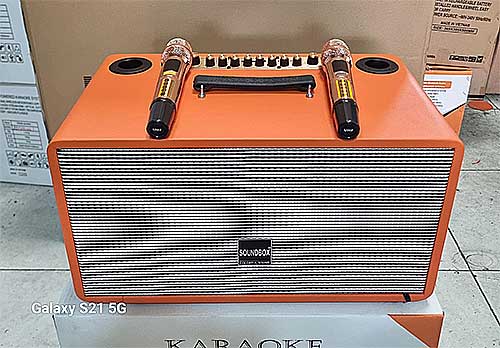 Loa bluetooth Karaoke xách tay SoundBox MK-284 8 củ loa bọc giả da siêu đẹp kèm 2 mic UHF chống hú
