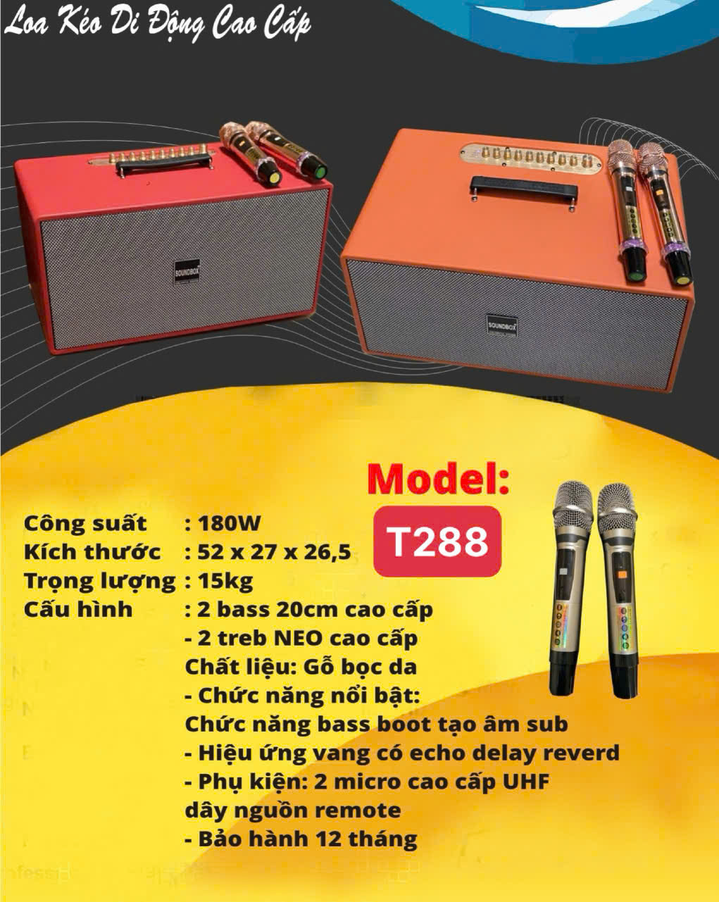 Loa bluetooth Karaoke xách tay SoundBox T288  gỗ bọc giả da siêu đẹp kèm 2 mic UHF chống hú