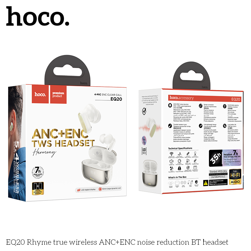 Tai nghe bluetooth giảm tiếng ồn HOCO EQ20 True Wireless V5.4 40mAh/400mAh ANC+ENC kiểu dáng airpods chính hãng [BH 1 NĂM]