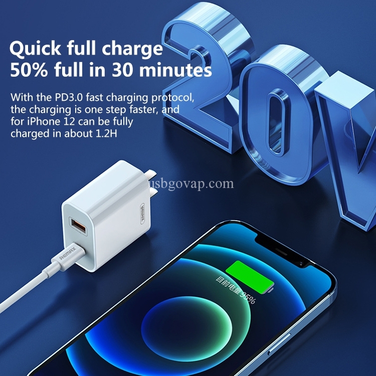 Bộ sạc nhanh 20w REMAX RP-U68 (c-l) (US) (cáp type c ra iphone lightning, cóc 1 cổng usb vs 1 cổng type-c) [BH 1 năm]