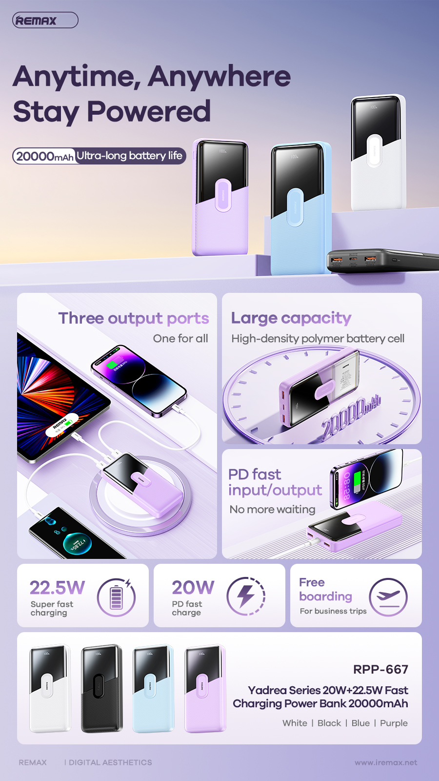 Pin sạc nhanh 22.5w Remax RPP-667 20.000mAh PD QC3.0 sạc dự phòng Chính Hãng [BH: 1 năm]