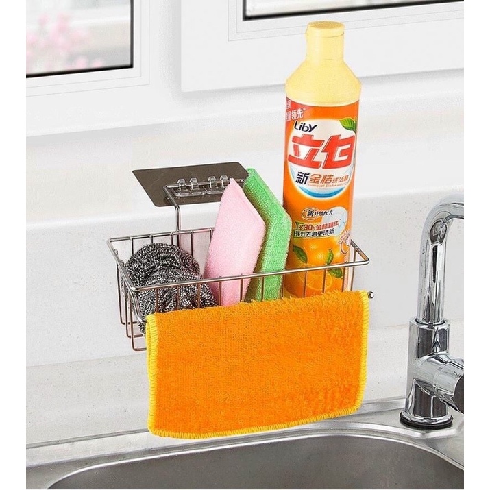 Khay inox dán tường đựng miếng rửa chén có thanh treo khăn tiện lợi và khay hứng nước [BH: NONE] 1l1d9