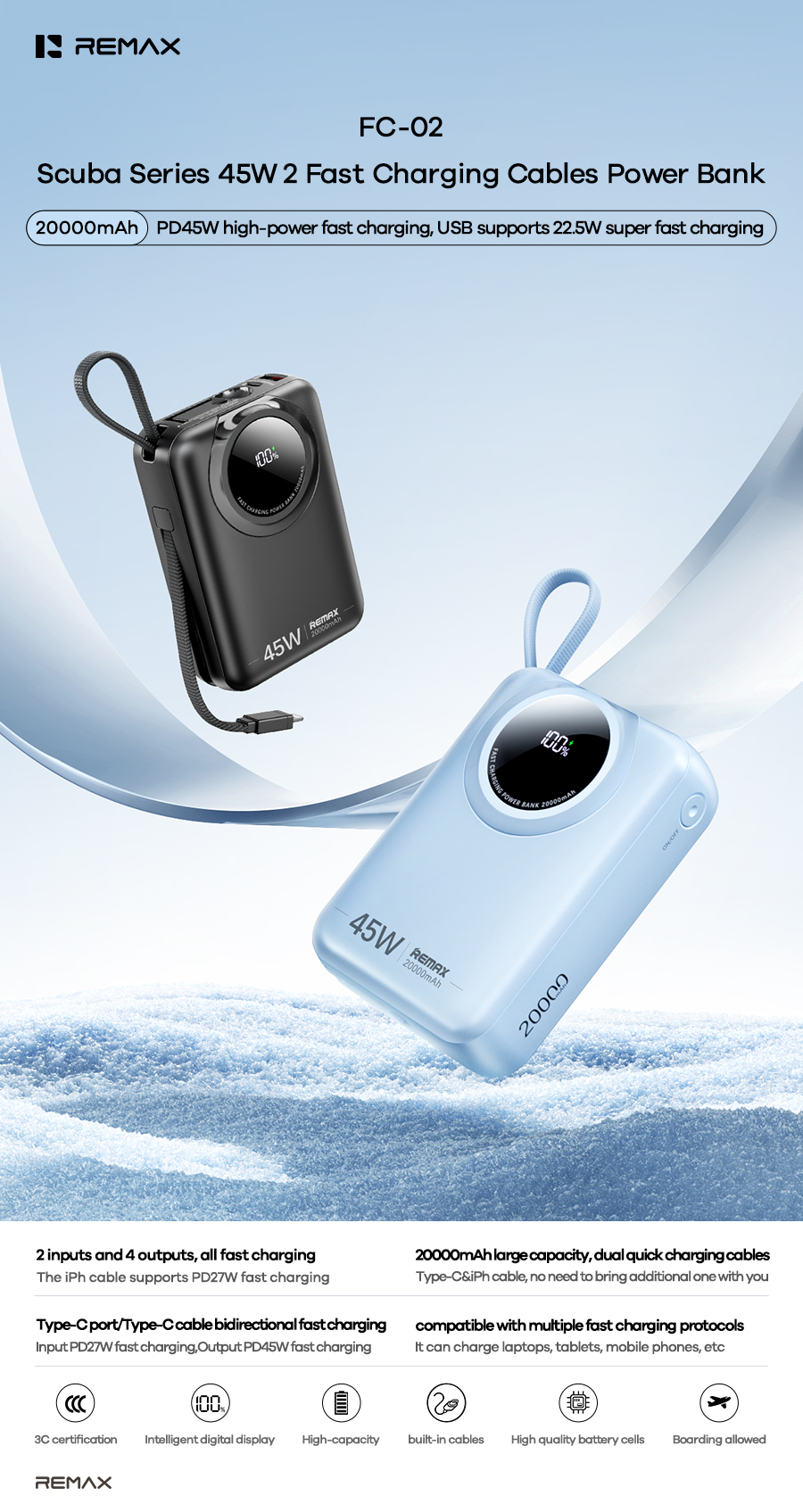 Pin sạc dự phòng REMAX FC-02 20.000mAh sạc nhanh 45w kèm cáp sạc liền pin siêu tiện lợi