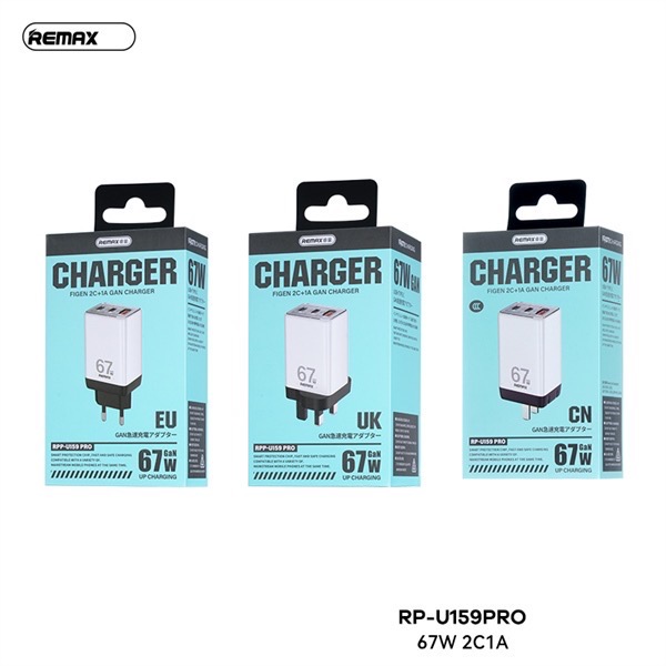 Cóc sạc nhanh 67W Remax RP-U159 PRO EU 3 cổng (1 cổng usb + 2 cổng type c) chính hãng [BH: 1 năm]