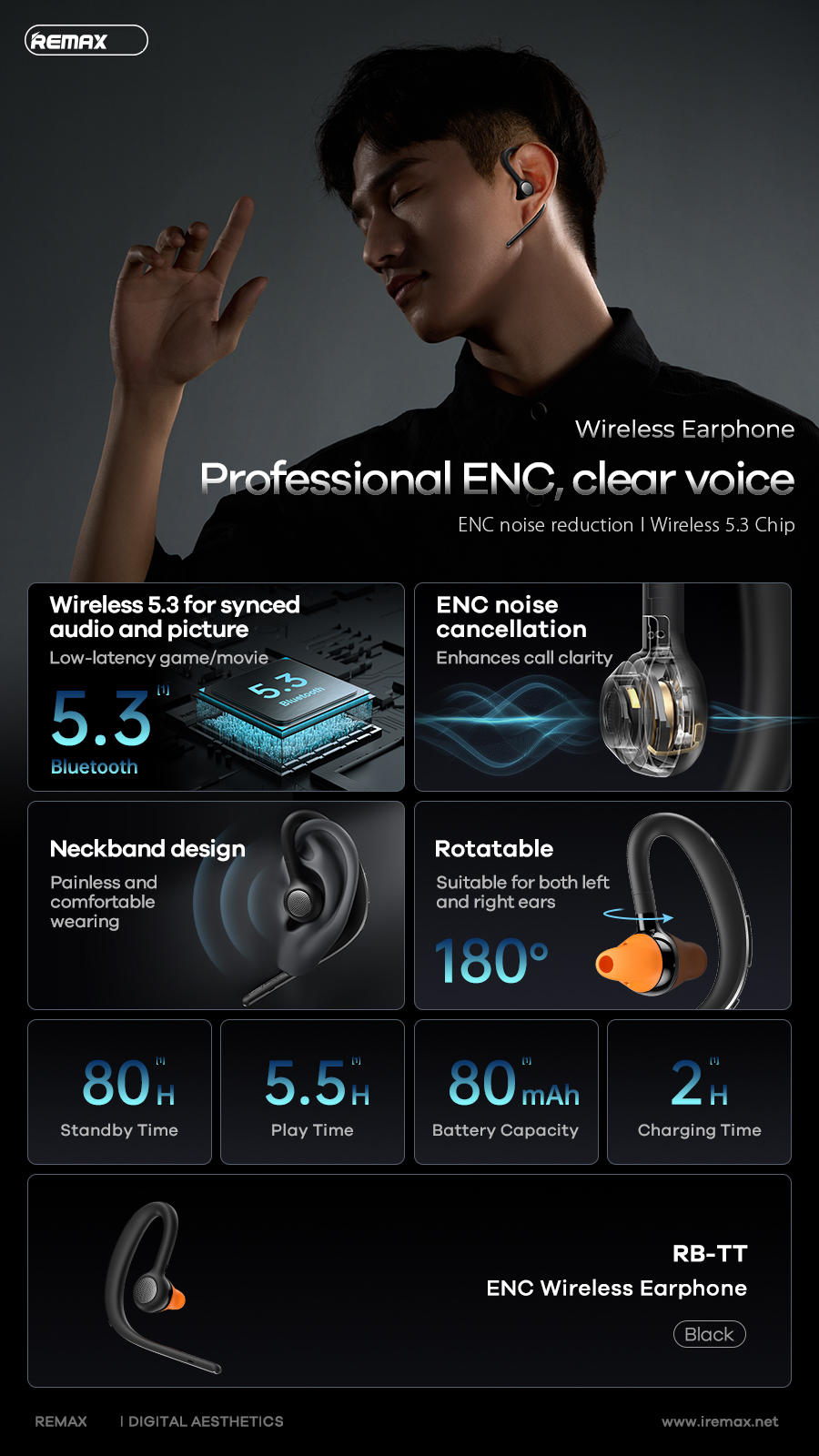 Tai nghe bluetooth thể thao V5.3 Remax RB-TT nghe 1 bên dung lượng pin 80mAh ENC móc tai chính hãng [BH: 1 NĂM]
