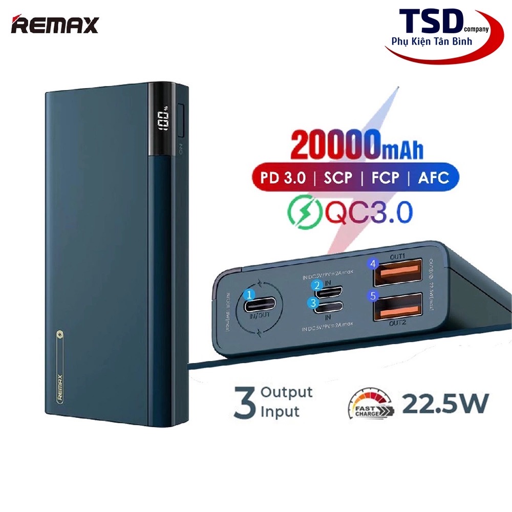 Pin sạc nhanh 22.5w Remax RPP-108 20.000mAh PD QC3.0 sạc dự phòng chính hãng [BH 1 năm]