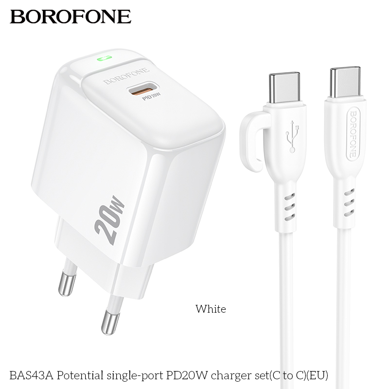 Bộ sạc nhanh 20W BOROFONE BAS43A (cóc 1 cổng Type C, cáp Type C ra Type C) (EU) có báo đèn LED chính hãng [BH 1 năm]