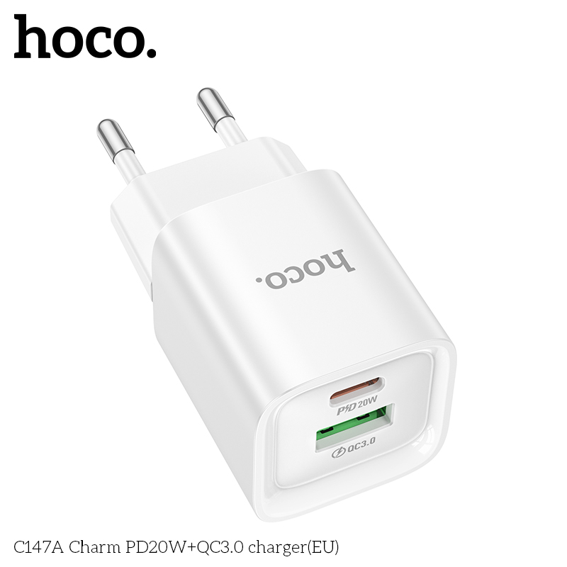 Cóc sạc nhanh 20w HOCO C147A (EU) (1 cổng USB QC3.0 + 1 cổng Type C PD) chính hãng [BH 1 năm]
