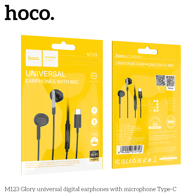 Tai nghe có dây type-c HOCO M123 chui Type C có Mic chính hãng [BH 1 năm]