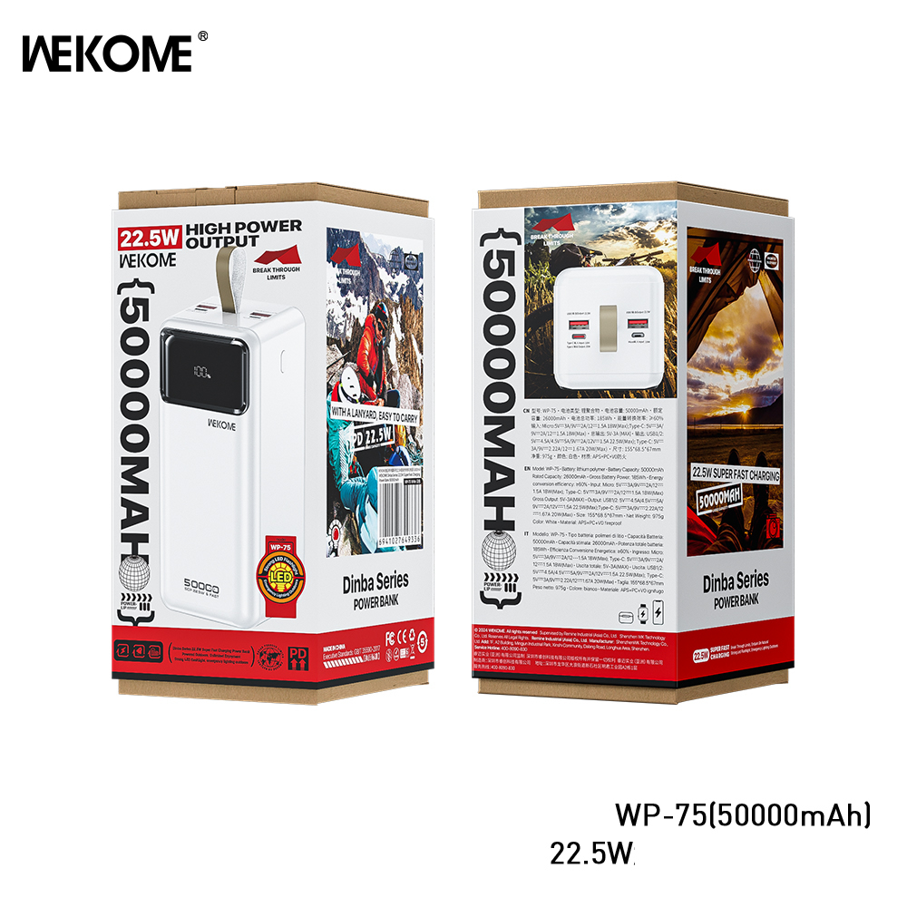 Pin sạc nhanh 22.5w Wekome WP-75 50.000mAh dự phòng QC3.0+PD 22.5W chính hãng [BH 1 Năm]