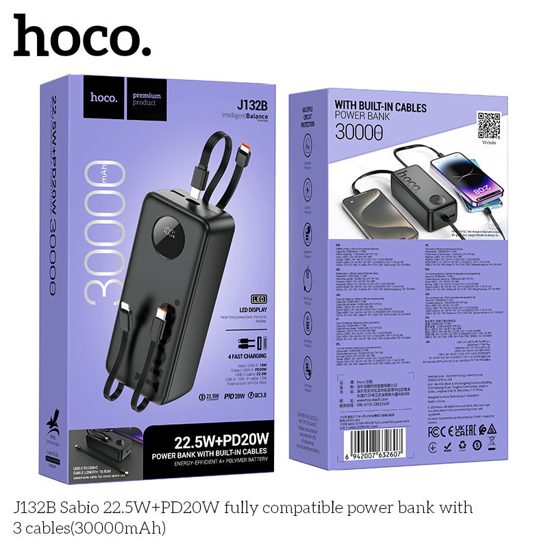Pin sạc nhanh 22.5w HOCO J132B 30.000mAh dự phòng kèm 3 cáp liền pin có led chính hãng [BH 1 Năm]