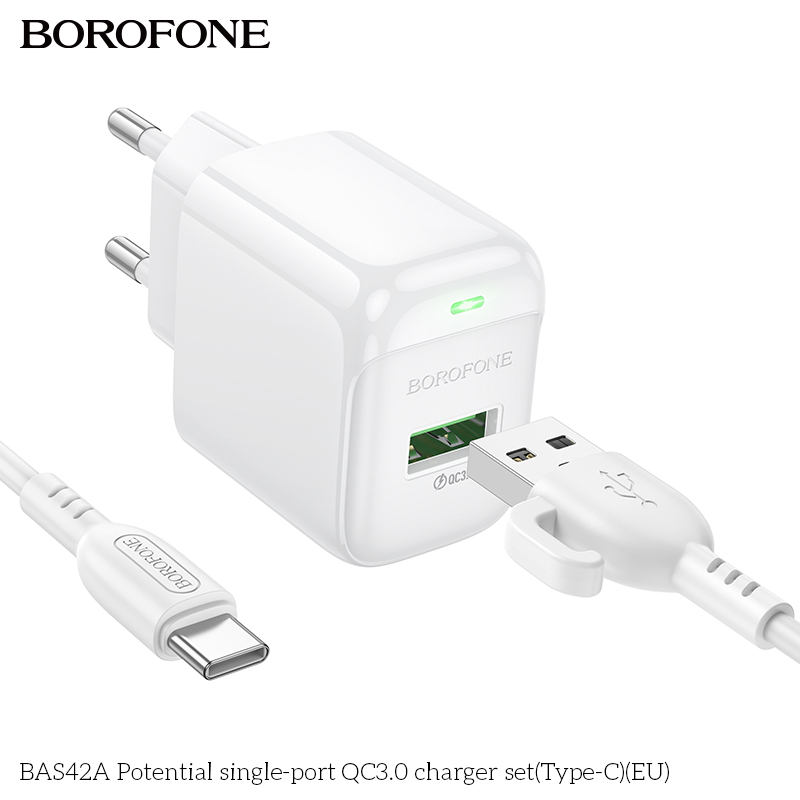 Bộ sạc 18W BOROFONE BAS42A (cóc 1 cổng USB, cáp USB ra Type C) (EU) có báo đèn LED chính hãng [BH 1 năm]