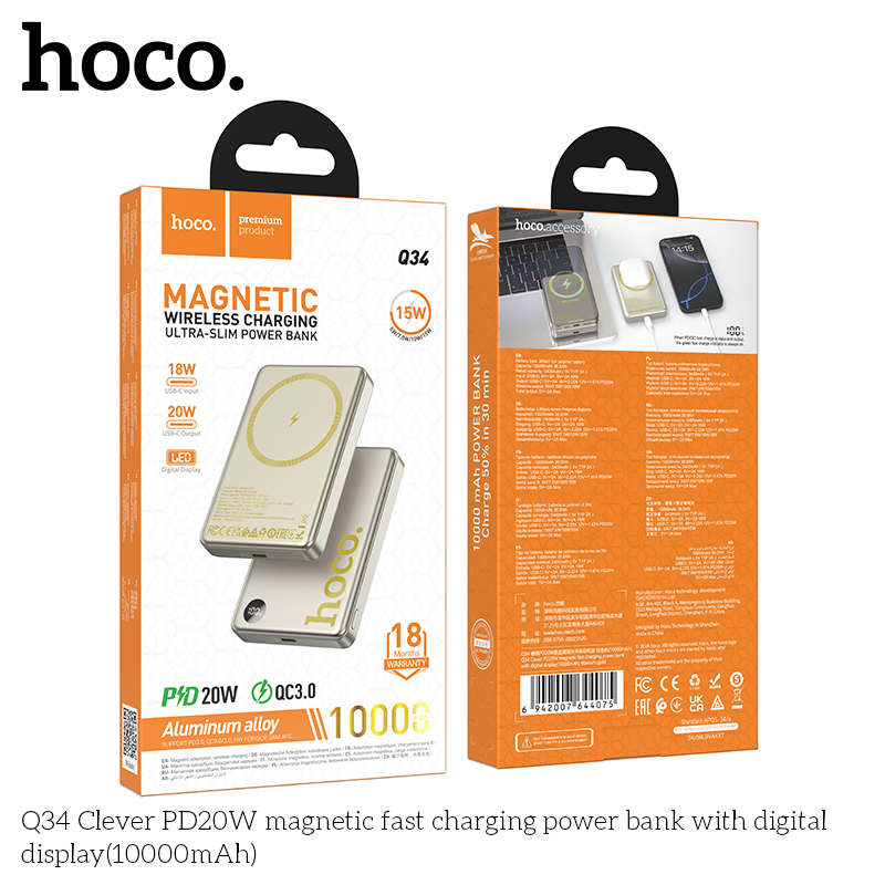 Pin sạc nhanh 20w + sạc không dây từ tính 15w HOCO Q34 10.000mAh sạc dự phòng có màn hình LED chính hãng [BH 1 năm]