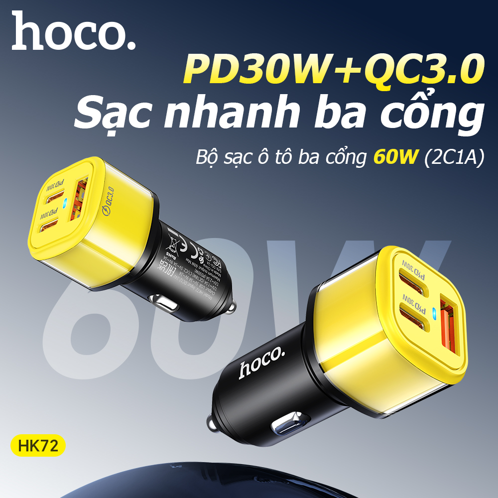 Cóc sạc nhanh xe hơi 60w HOCO HK72 (1 cổng USB, 2 cổng Type C) chính hãng [BH 1 năm]